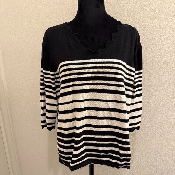 Roz & Ali Sweaters - Roz & Ali Tshirt Womens Plus 2X Black White Striped 3/4 Sleeve